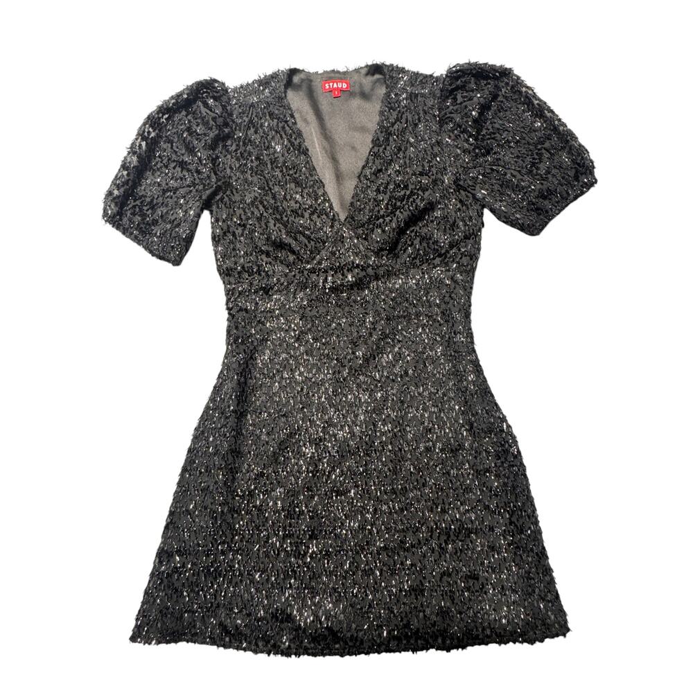 Staud Mini Dress Womens 8 Black Textured Tinsel Fringe Puff Sleeve Lined Modern - Picture 3 of 11